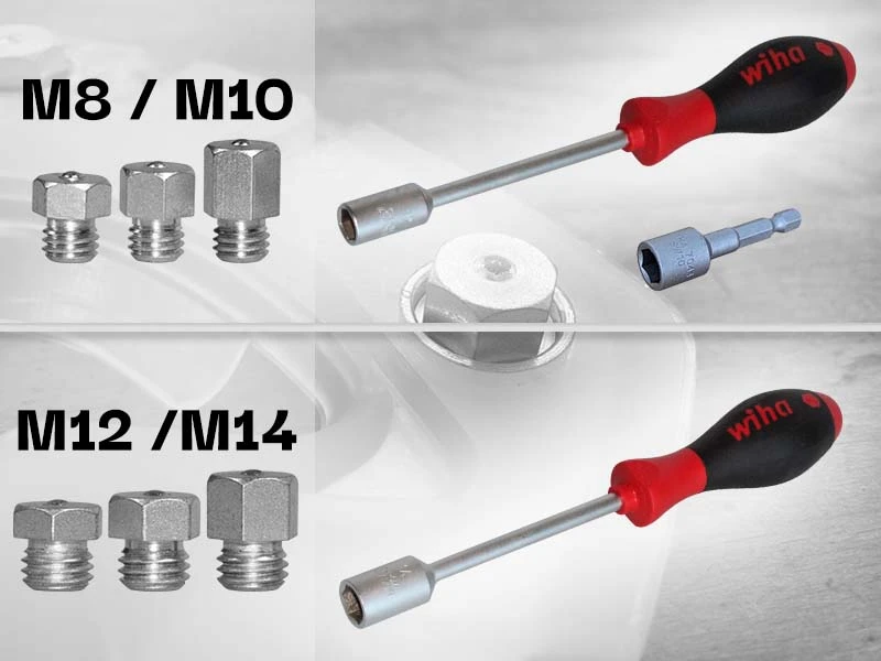 Photo in two parts: Studs and matching stud wrench with the thread sizes for hexagonal studs