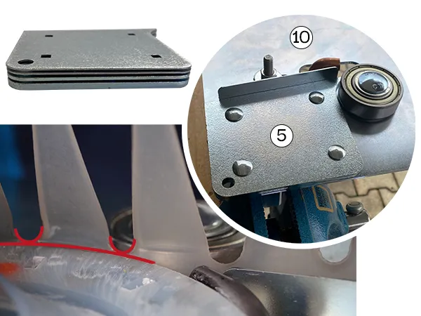 Image d’information sur le choix des bonnes espaceurs lors du soudage plastique avec le dispositif de soudage. Illustration montrant que les arrondis semi-circulaires des languettes de collage doivent être alignés avec la plaque de base.