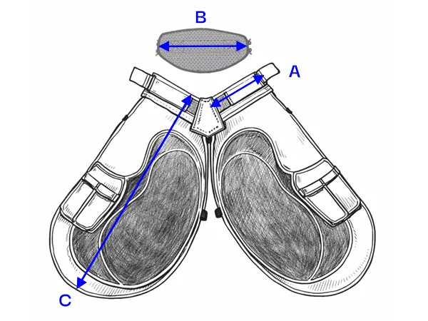 Esquema con las medidas aproximadas de las diferentes tallas de los delantales de herrador Silverback.