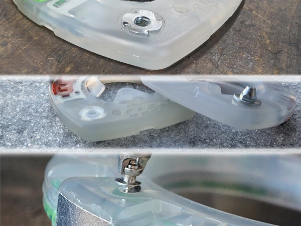 Image en trois parties présentant les différentes possibilités : l'ajout manuel d'écrous griffes pour crampons, l'utilisation d'un modèle de fer à cheval avec filetage pour crampons et de petits spikes comme solution intermédiaire avant l'utilisation de crampons.