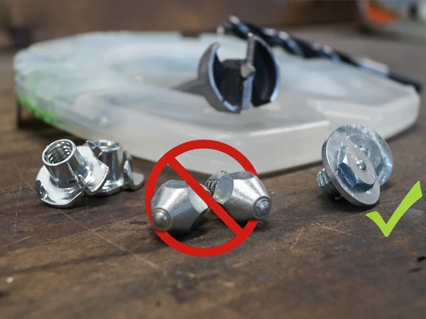 Illustration montrant quels crampons conviennent à l'utilisation avec un boulon à griffes pour crampons dans un fer composite ou en plastique. Correct : crampon avec disque ; incorrect : crampon sans disque.