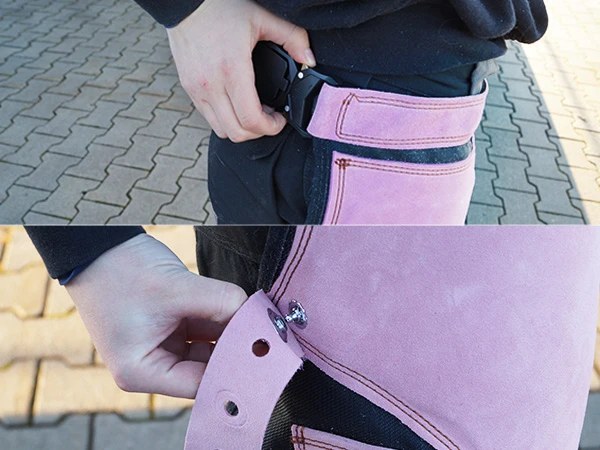 Delantales de herrador Con Cuero con cierres de alta calidad. La imagen muestra la hebilla de cintura y el cierre TENAX en los muslos.