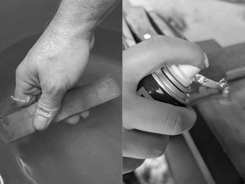 Comparison image: placing a whetstone in water and treating a hoof knife with oil – preparation for sharpening with oil stones or water stones.